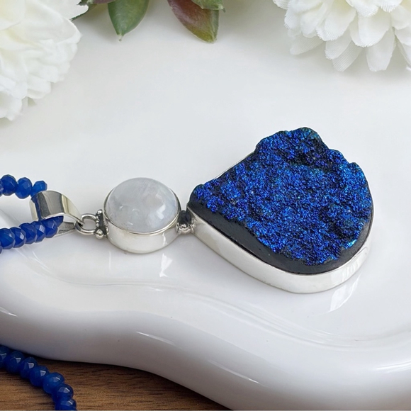 Genuine Titanium Druzy Quartz Moonstone Pendant Necklace Jewelry Set Lot 925 - Picture 7 of 11
